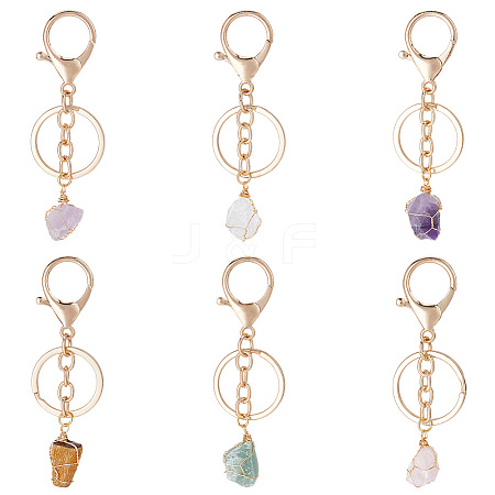  6Pcs 6 Styles Nuggets Natural Gemstone Wire Wrapped Keychain Key Ring KEYC-NB0001-50-1