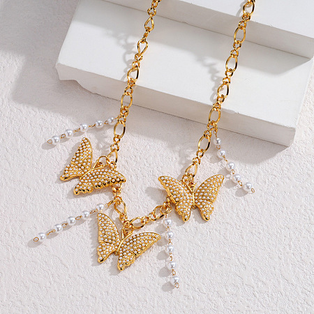 304 Stainless Steel Crystal Rhinestone Enamel Bib Necklaces with Imitation Pearl Beads Tassel WGF7F64-02-1