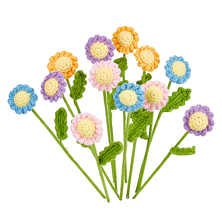 12Pcs 4 Colors Crochet Cotton Flower Ornaments with Iron Wire AJEW-FG0002-93-1