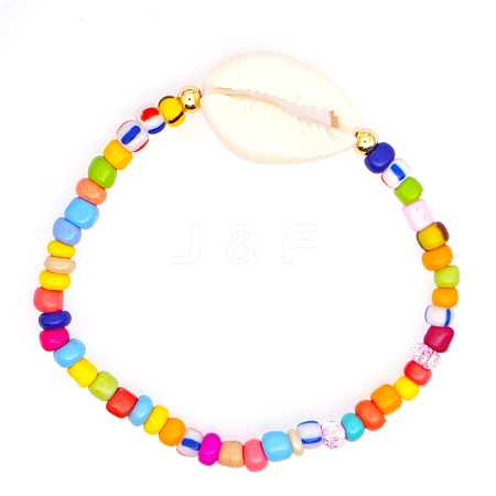 Natural Shell & Glass Seed Beaded Stretch Bracelet for Women BJEW-BB727272735-A-1
