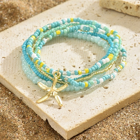 Multilayer Glass Seed Beads Starfish Pendant Anklet for Women PW-WG7288D-07-1