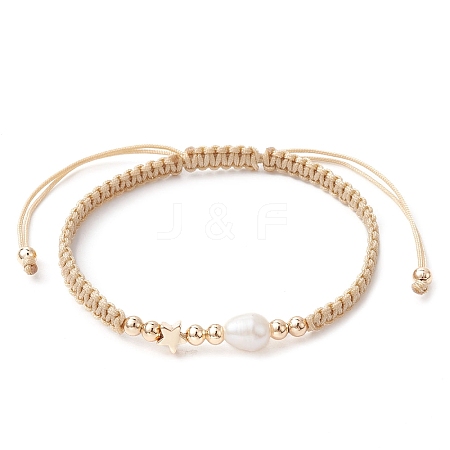 Brass & Natural Pearl Braided Bead Bracelets BJEW-JB09721-02-1