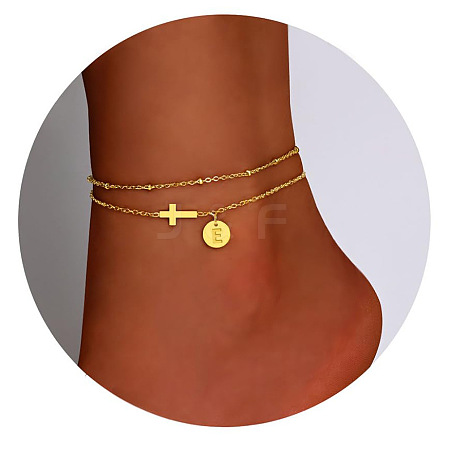 Brass Sideways Cross Link Anklets with Flat Round Initial Charms FS-WG12DAA-05-1