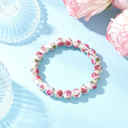 Handmade Flower Printed Porcelain Ceramic Beaded Stretch Bracelets BJEW-JB11910-01-1