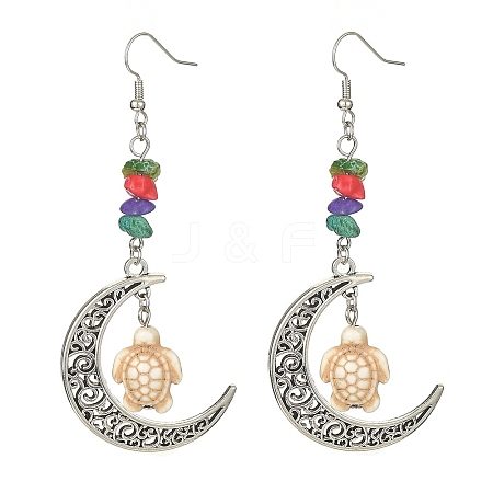 Dyed Synthetic Turquoise Crescent Moon with Tortoise Dangle Earring EJEW-JE05269-01-1