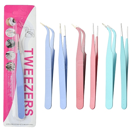 6Pcs 6 Colors Stainless Steel Tweezers DIY-YW0009-73-1