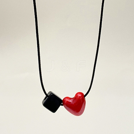 Handmade Porcelain Heart Cube Resin Beads Pendant Adjustable Black Waxed Cord Necklaces for Women WG3943B-02-1