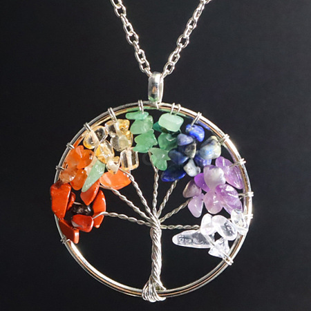 Natural Stone Chip Tree Of Life Chakra Pendant Necklaces FS-WG982AE-03-1