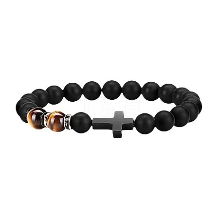 Cross Natural Obsidian & Dyed Tiger Eye Stretch Bracelet HU1552-4-1