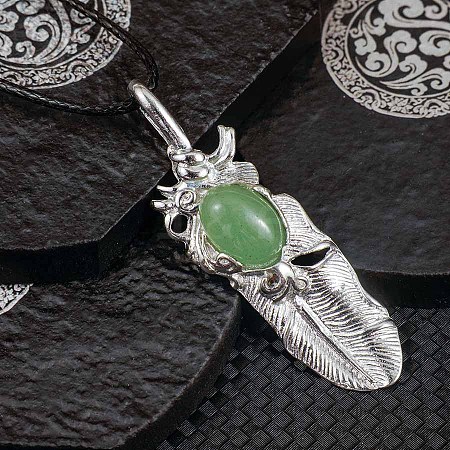 Vintage Natural Green Aventurine Alloy Feather Pendant Necklace for Women Men AO2435-5-1