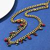 Natural Carnelian and Synthetic Malachite Round Beads and Red Strawberry Tassel 304 Stainless Steel Twisted Chain Necklaces NJEW-C092-03G-2