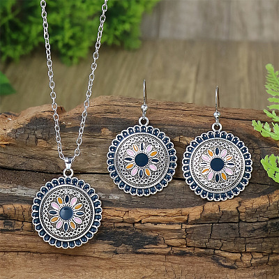 Flower Alloy Enamel Pendant Necklaces & Dangle Earrings Sets WG8932C-04-1
