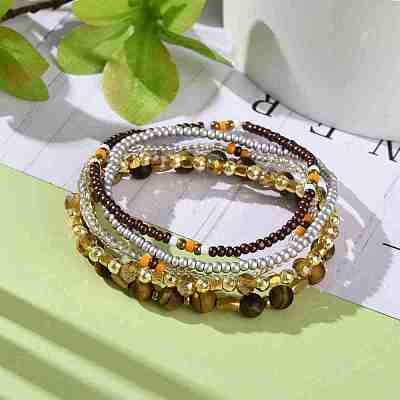5Pcs 5 Style Natural Frosted Tiger Eye & Synthetic Hematite & Glass Sead Beads Stretch Bracelets Set BJEW-JB07670-01-1