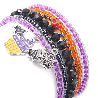 6Pcs 6 Style Dyed Synthetic Turquoise Skull & Glass Beaded Stretch Bracelets Set BJEW-JB09391-1