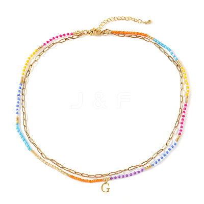 Colorful Glass Seed Beaded Initial Pendant Double Layer Necklaces QS3881-7-1