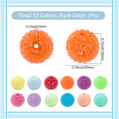 24Pcs 12 Colors Chunky Resin Rhinestone Bubblegum Ball Beads RESI-SP0001-19-1