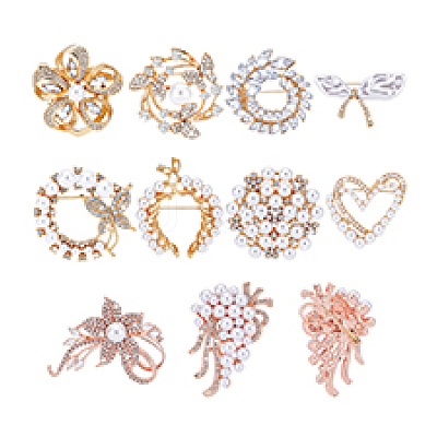 10Pcs 10 Styles Alloy Rhinestone Brooches JEWB-PH0001-39-1