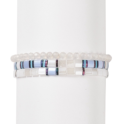 3Pcs 3 Style Glass Seed Rectangle Tile Stretch Bracelets Set BJEW-JB09038-1