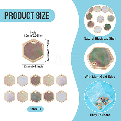 10Pcs Natural Black Lip Shell Hexagon Charms BSHE-TA0001-25-1