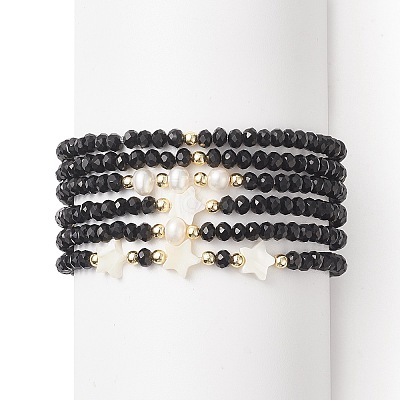 6Pcs 6 Style Natural Shell & Glass Star & Round Beaded Stretch Bracelets Set for Women BJEW-JB09945-02-1
