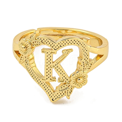 Heart with Letter & Flower Rack Plating Brass Adjustable Rings for Women RJEW-I105-05G-K-1