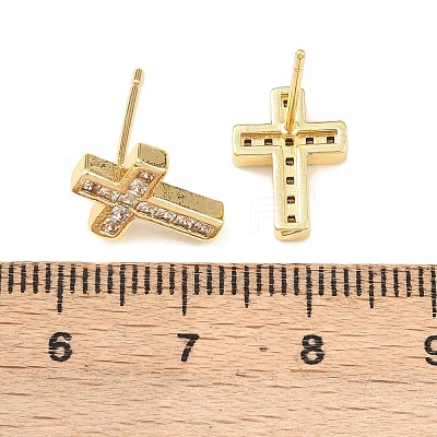 Brass Micro Pave Clear Cubic Zirconia Cross Stud Earrings EJEW-F400-22B-G-1