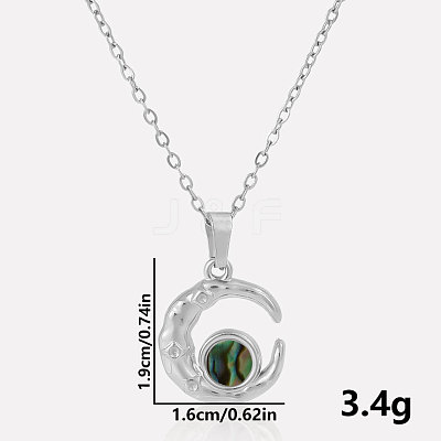 304 Stainless Steel Pave Natural Paua Shell Crescent Moon Pendant Necklaces ZQ6791-1-1