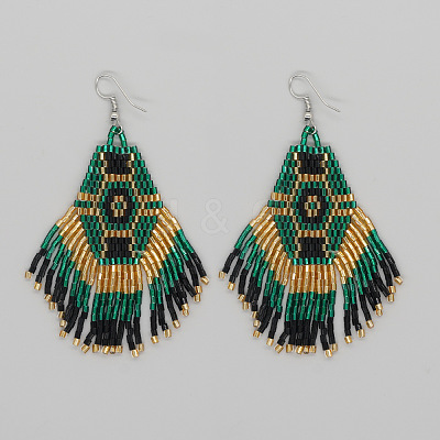 Handmade Chinese Style Glass Seed Beads Hexagon Pattern Tassel Dangle Earrings MW1282-7-1