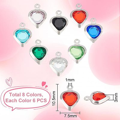 48Pcs 8 Colors Electroplated Natural Quartz Stainless Steel Faceted Heart Charms STAS-UN0056-89-1