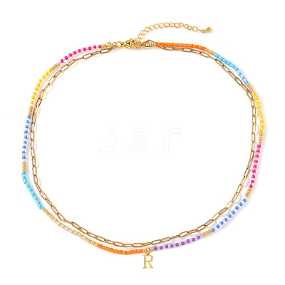 Colorful Glass Seed Beaded Initial Pendant Double Layer Necklaces QS3881-18-1