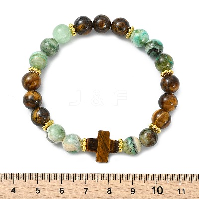 Natural Tiger Eye & Green Line Jasper & Alloy Beads Stretch Bracelets for Women Men BJEW-JB14037-1