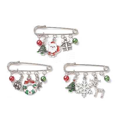 3Pcs 3 Style Christmas Tree & Wreath & Santa Claus & Alloy Enamel Charms Safety Pin Brooch JEWB-TA00011-1