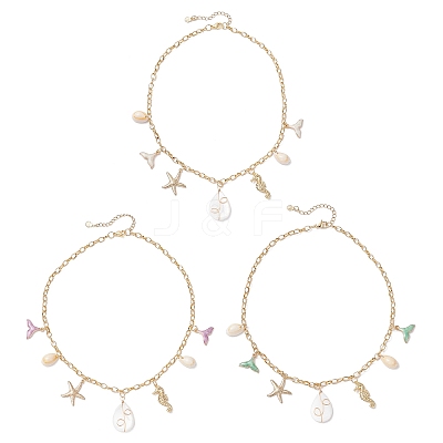 3Pcs 3 Styles Alloy Enamel Whale Tail Starfish & Natural Shell Teardrop Pendant 304 Stainless Steel Cable Chain Necklaces for Women NJEW-JN05407-1
