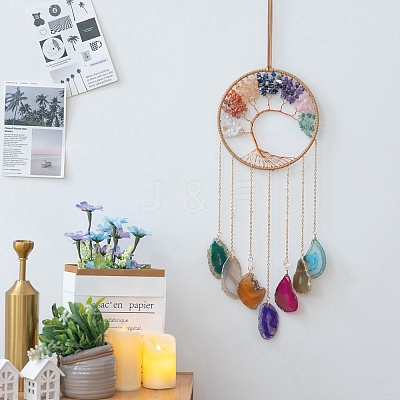 Tree of Life Natural Mixed Gemstone & Agate Woven Net Suncatchers PW-WG17811-08-1