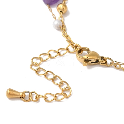 Nuggets Natural Amethyst & Imitation Pearl Multi-Strand Anklets BJEW-P326-03B-G-1