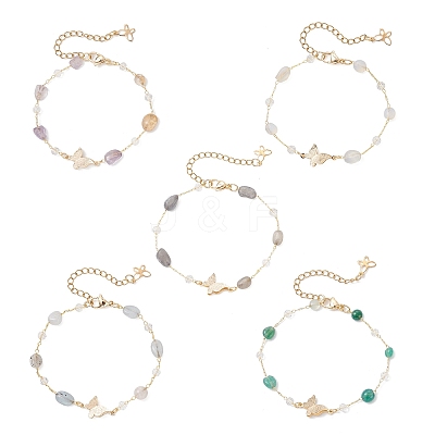 5Pcs 5 Styles Handmade Glass & Opalite & Natural Morganite & Dyed Green Agate & Labradorite & Amethyst Nuggets Beads Necklaces BJEW-JB12461-1