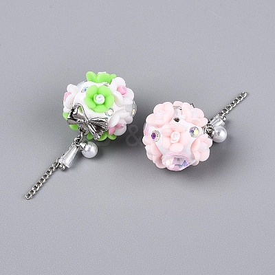Handmade Polymer Clay Rhinestone Beads with Resin Alloy Iron Chain Glass ABS Imitation Pearl RESI-T060-27M-1