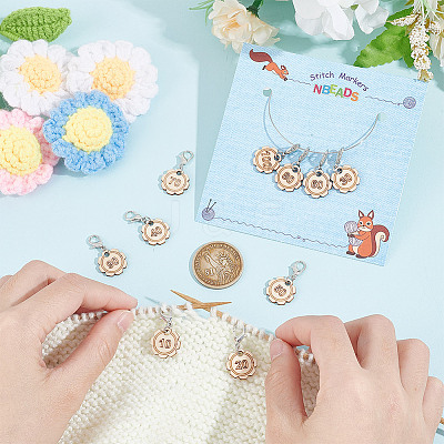10Pcs 10 Style Flower with Number Wood Pendant Locking Stitch Markers HJEW-AB00644-1