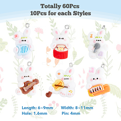 60Pcs 6 Style Music Theme Opaque Resin Pendants RESI-DC0001-06-1