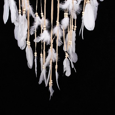 Handmade Round Cotton Woven Net/Web with Feather Wall Hanging Decoration HJEW-G015-02A-1