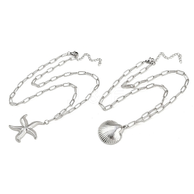 Bohemian Styles 304 Stainless Steel Starfish and Shell Shape Pendant Double Layer Necklaces for Women NJEW-F343-01P-1