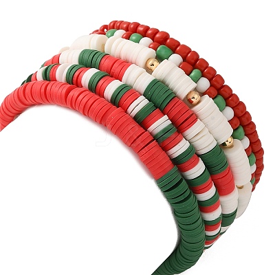 6Pcs Christmas Theme Polymer Clay Heishi Beads & Glass Seed Beaded Stretch Bracelets Set BJEW-TA00539-1