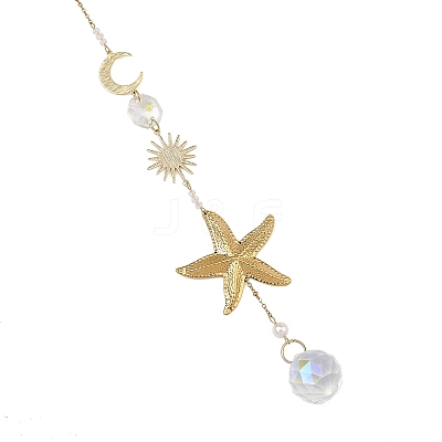 304 Stainless Steel Starfish & Round Glass Hanging Suncatchers HJEW-JM05037-1