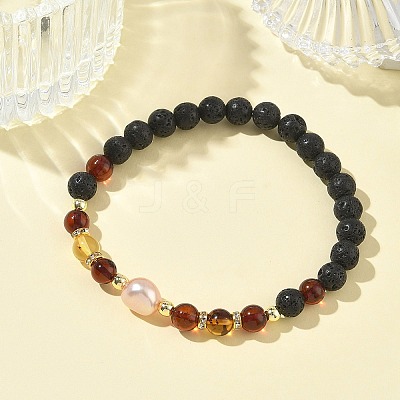 Natural Lava Rock & Amber & Cultured Freshwater Pearl Beaded Stretch Bracelets for Women BJEW-JB13722-1