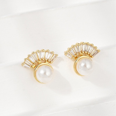Fan Brass Micro Pave Clear Cubic Zirconia Clip-on Earrings EJEW-H154-12G-1