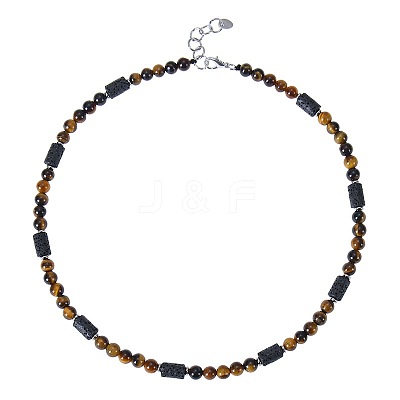 6MM Round Natural Tiger Eye and Column Natural Lava Rock Beaded Necklaces for Women Men LV4865-4-1