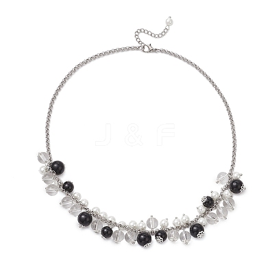 Round Glass Beaded Bib 304 Stainless Steel Rolo Chain Necklaces NJEW-JN05359-03-1