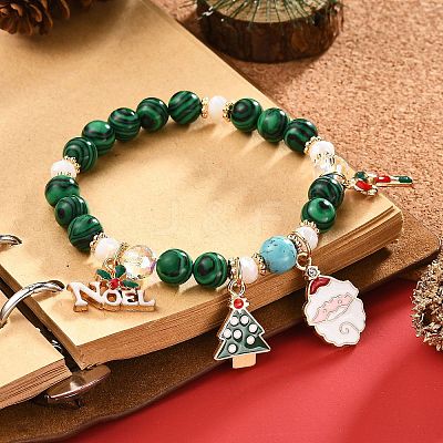Synthetic Malachite Round Beaded Stretch Bracelet X1-BJEW-TA00251-1