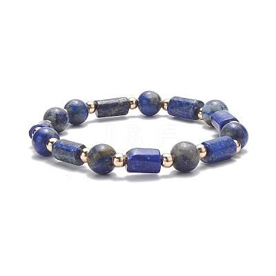 Natural Lapis Lazuli Column & Round Stretch Bracelet for Women BJEW-JB09351-04-1