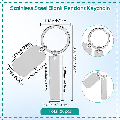 20Pcs 201 Stainless Steel Blank Pendant Keychain KEYC-SC0001-62A-1